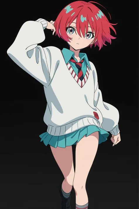 black background, simple background, highly detailed, anime coloring, (masterpiece), (best quality), (ultra-detailed), (anime screencap), (anime keyvisual), 1girl, solo, GQuX-amate_yuzuriha, red hair, multicolored hair, short hair, aqua eyes, multicolored ...