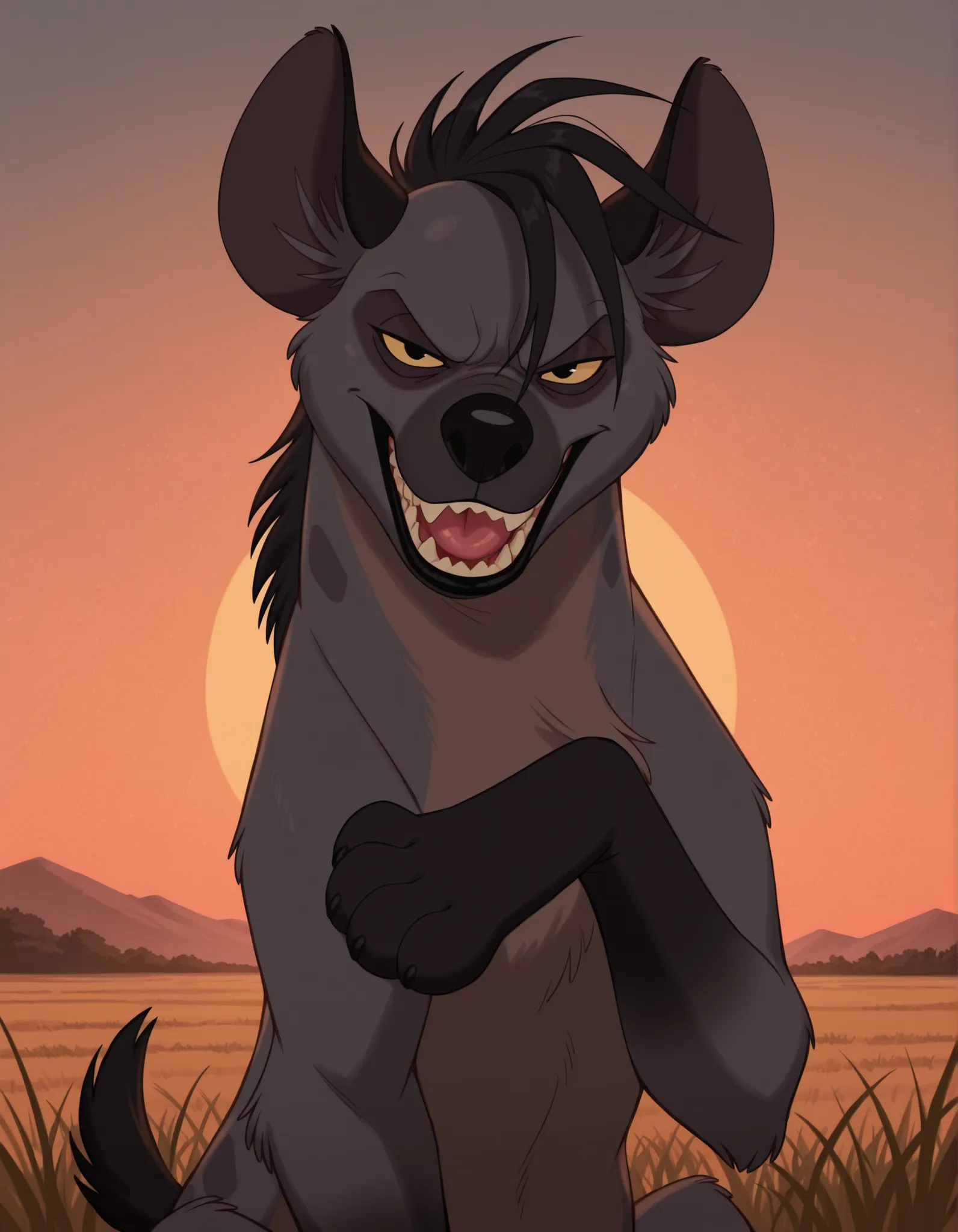 8k, uncensored, masterpiece, best quality, highly detailed, realistic, 1girl, solo, ShenziTLK, furry, feral, hyena ears, black hair, short hair, back mane, dark-grey inner ear fluff, yellow sclera, black eyes, black nose, dark-grey body, dark-grey fur, dar...