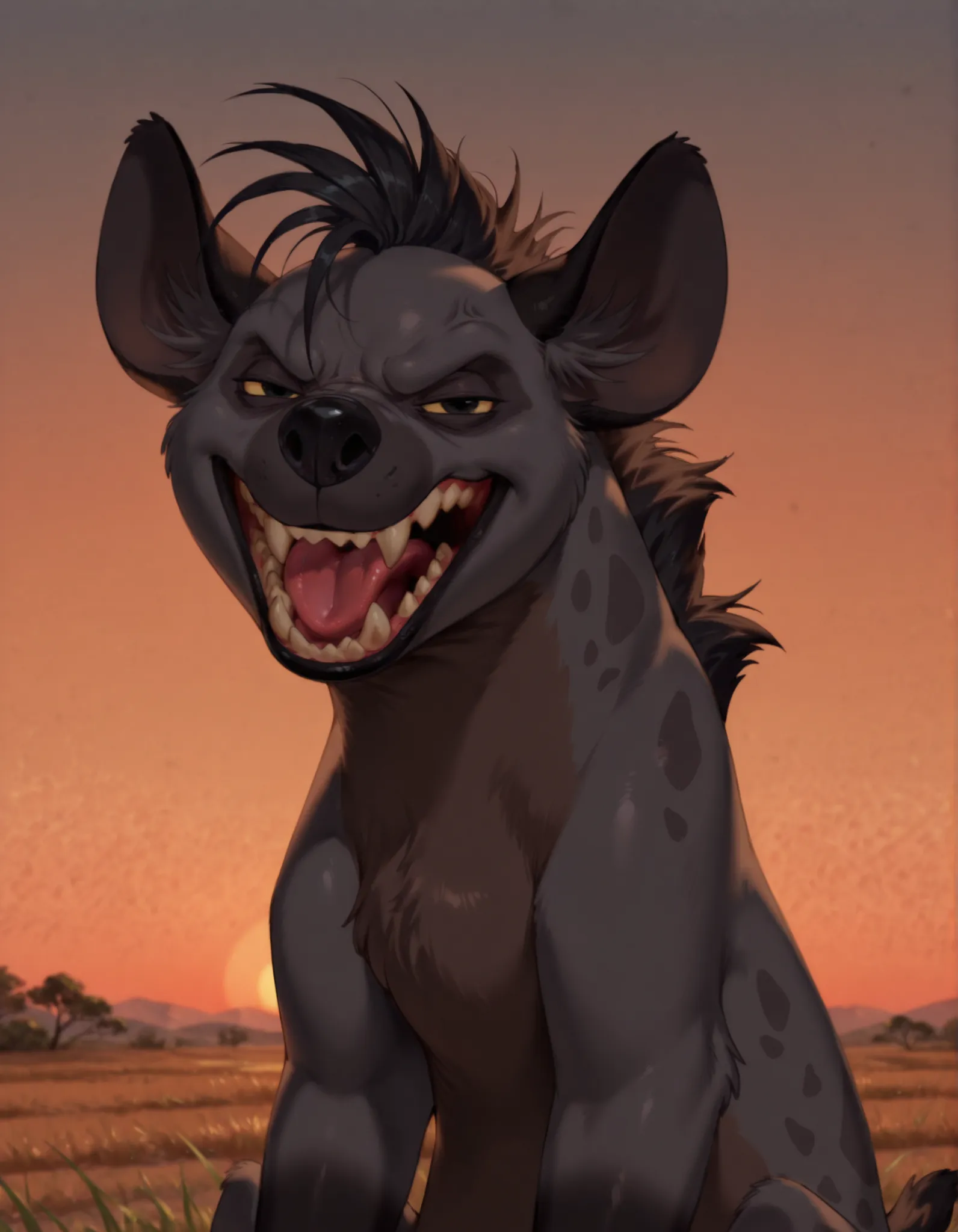 masterpiece, best quality, very aesthetic,, solo, masterpiece, best quality, highly detailed, realistic, 1girl, solo, ShenziTLK, furry, feral, hyena ears, black hair, short hair, back mane, dark-grey inner ear fluff, yellow sclera, black eyes, black nose,...