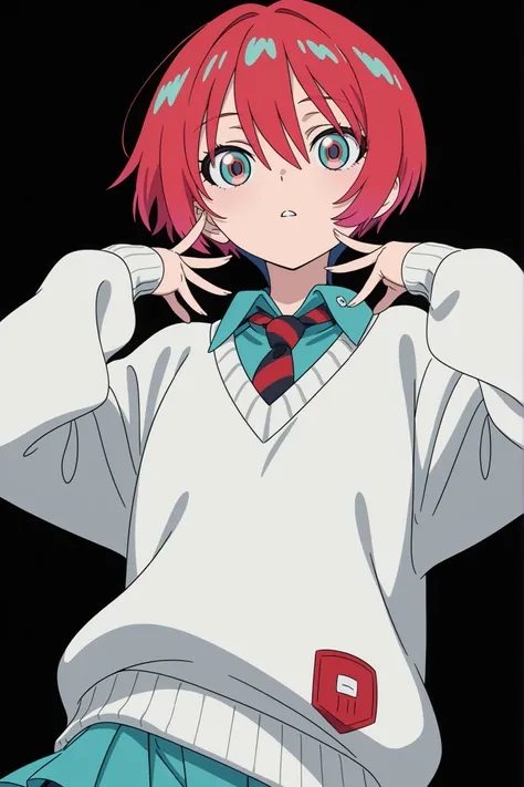 black background, simple background, highly detailed, anime coloring, (masterpiece), (best quality), (ultra-detailed), (anime screencap), (anime keyvisual), 1girl, solo, GQuX-amate_yuzuriha, red hair, multicolored hair, short hair, aqua eyes, multicolored ...