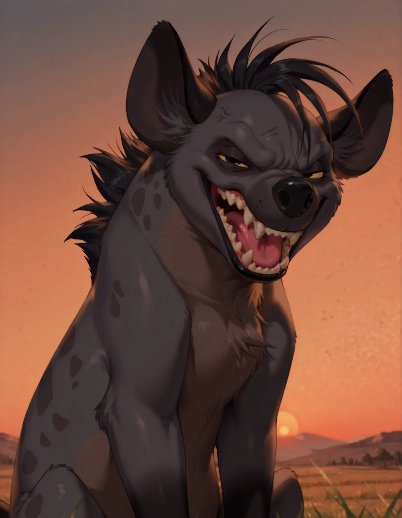 masterpiece, best quality, very aesthetic,, solo, masterpiece, best quality, highly detailed, realistic, 1girl, solo, ShenziTLK, furry, feral, hyena ears, black hair, short hair, back mane, dark-grey inner ear fluff, yellow sclera, black eyes, black nose,...