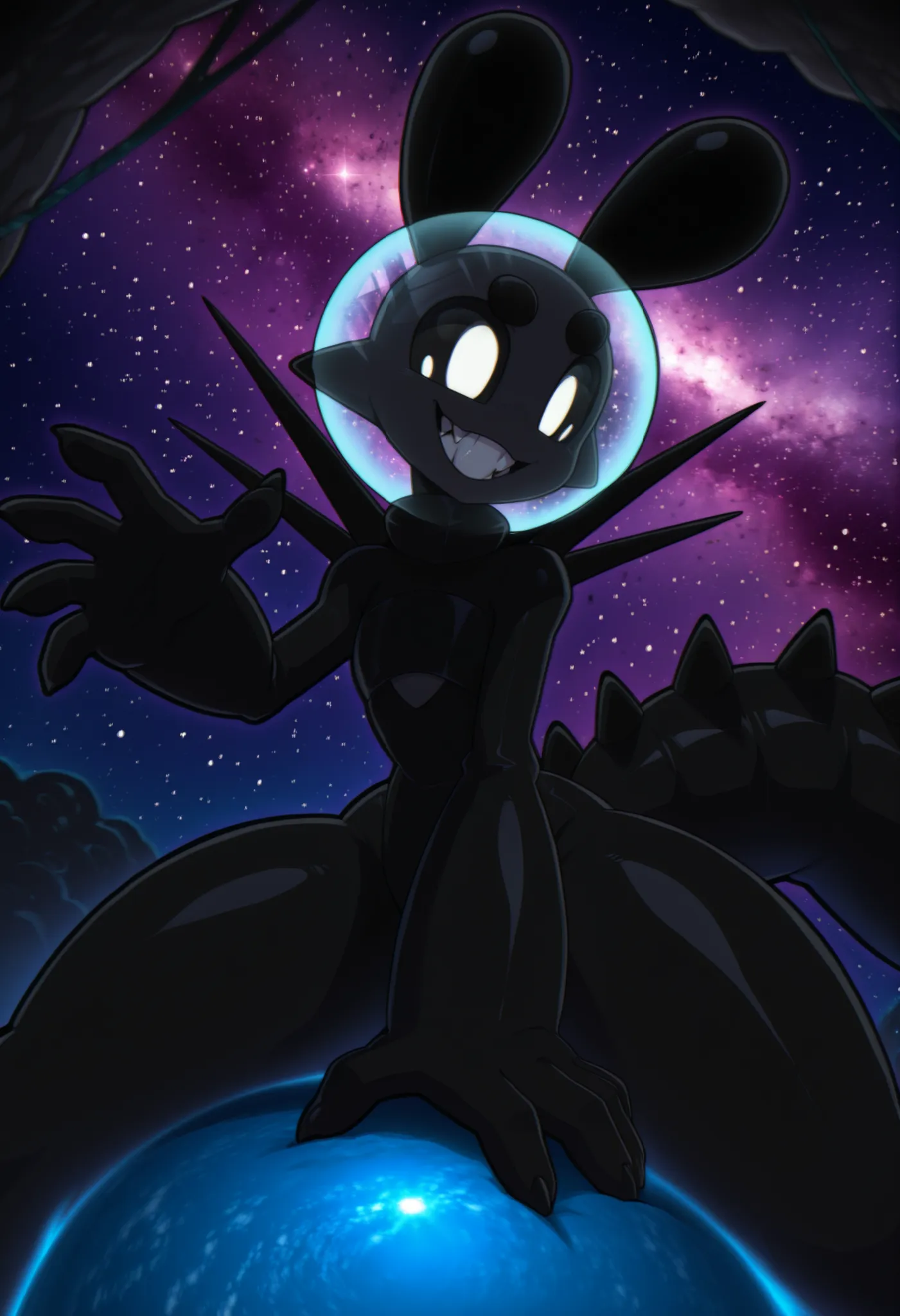 Dynamic angle, sploot,1girl,colored_sclera,white eyes,alien,antennae, space, nebula, 
xenif
1girl
teeth
sharp teeth
tail
no humans
monster
colored skin
black skin
claws
spikes