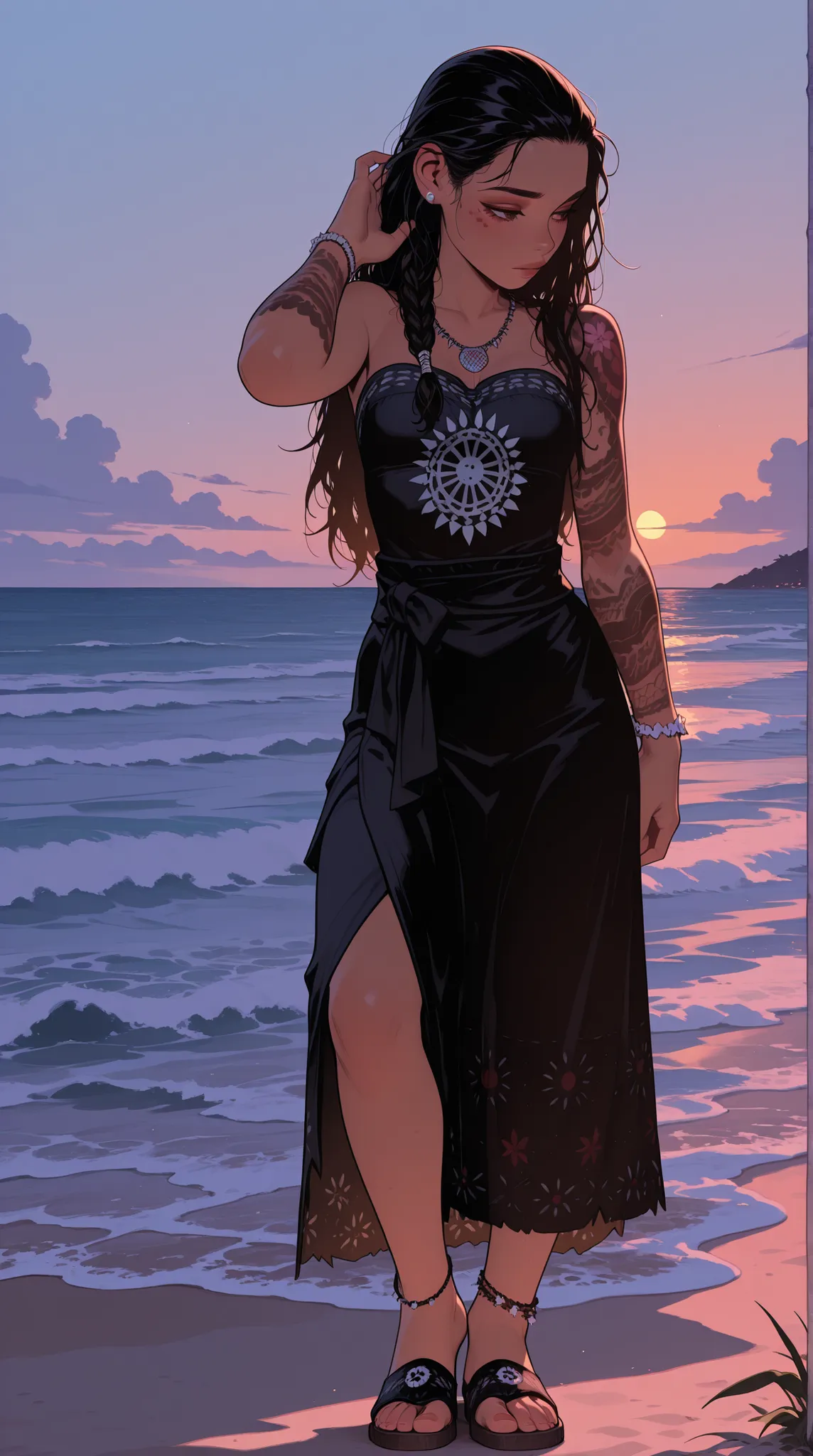 HDR, 8K, high contrast, masterpiece, best quality, amazing quality, very aesthetic, realistic, newest, volumetric lighting, (flat colors:0.7), (artist:incase:0.3), (artist:tsuaii:0.3),Sinozick_illu, HassaKu_illu, 1girl, moana, 25 years old girl, samoan tat...