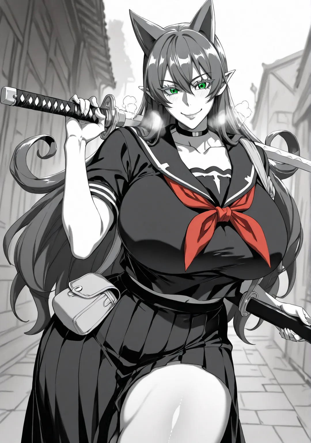 Babu-style, (puuzaki_puuna(punopupupu)-style:1.2), ((anatomical correct)), ((monochrome, greyscale, manga-style, spot colors, green eyes)), (lineart:1.2), perfect body, perfect eyes, perfect fingers, gasping, heavy breathing, gasping profusely, ((skindenta...