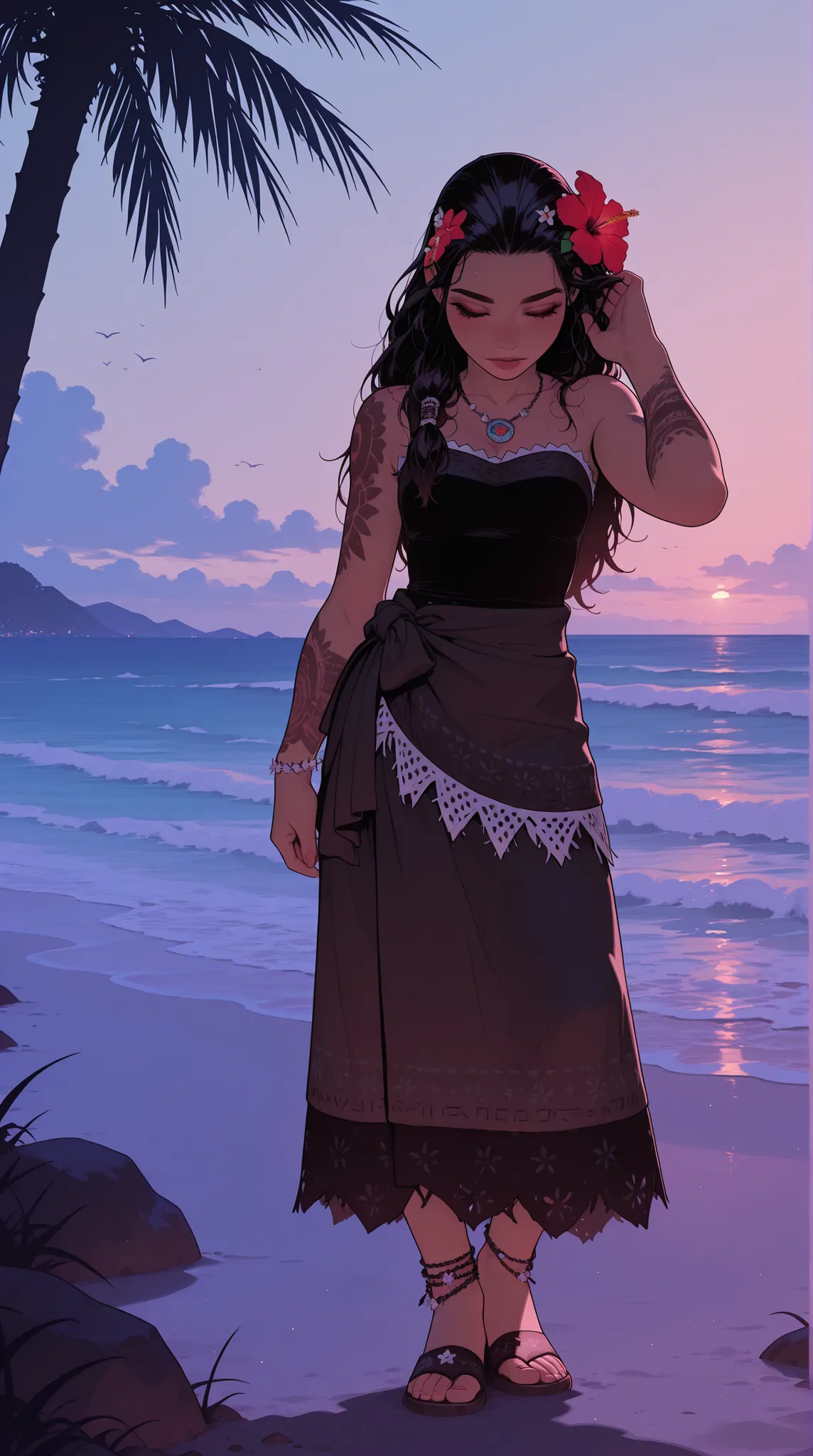 HDR, 8K, high contrast, masterpiece, best quality, amazing quality, very aesthetic, realistic, newest, volumetric lighting, (flat colors:0.7), (artist:incase:0.3), (artist:tsuaii:0.3),Sinozick_illu, HassaKu_illu, 1girl, moana, 25 years old girl, samoan tat...