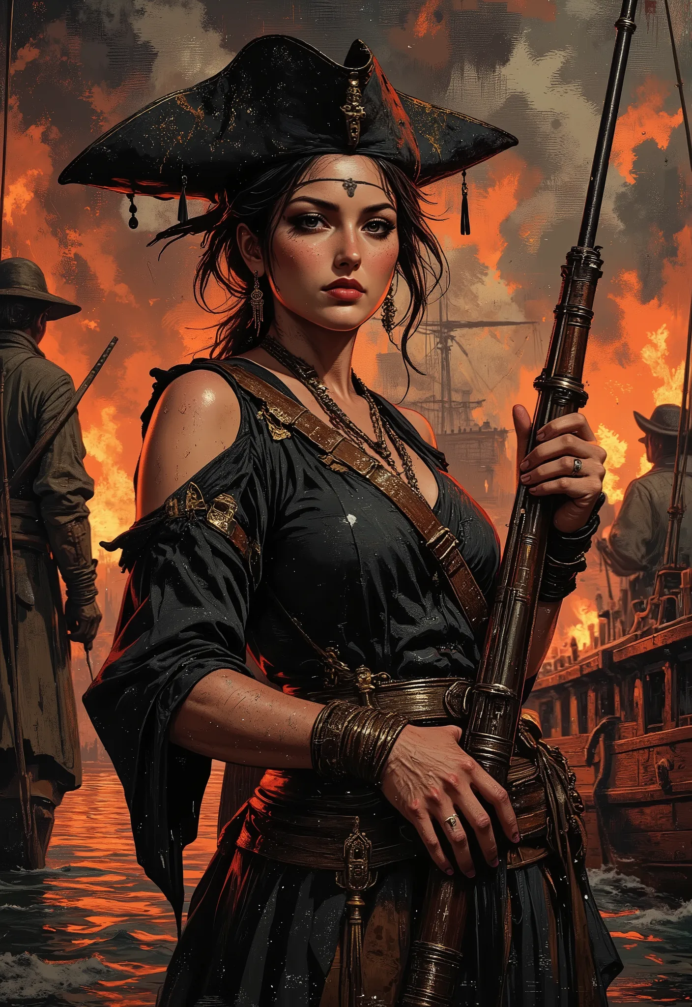 oil painting, rough, textural, broad brush strokes, portrait of a stunning chinese pirate woman, tricorne hat, banadna, holding flintlock musket, standing on deck of burning ship, mythp0rt