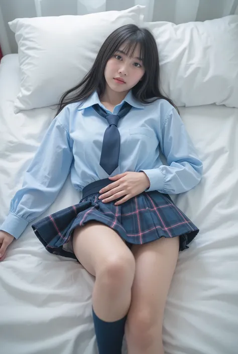 high school girl　cute　innocent　lie down on the bed　Looking up at the camera with a favorable expression　mouth from below　Place one hand on your crotch 　The skirt is rolled up with both legs open so underwear is visible　shyly　black hair　light sky blue blous...