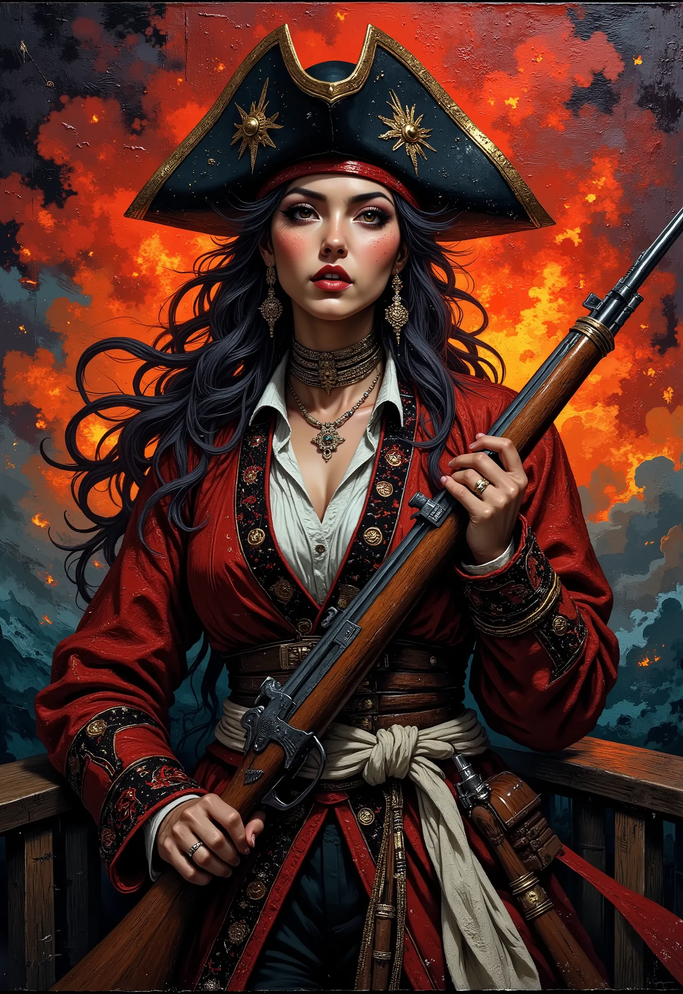 oil painting, rough, textural, broad brush strokes, portrait of a stunning chinese pirate woman, tricorne hat, banadna, holding flintlock musket, standing on deck of burning ship, mythp0rt