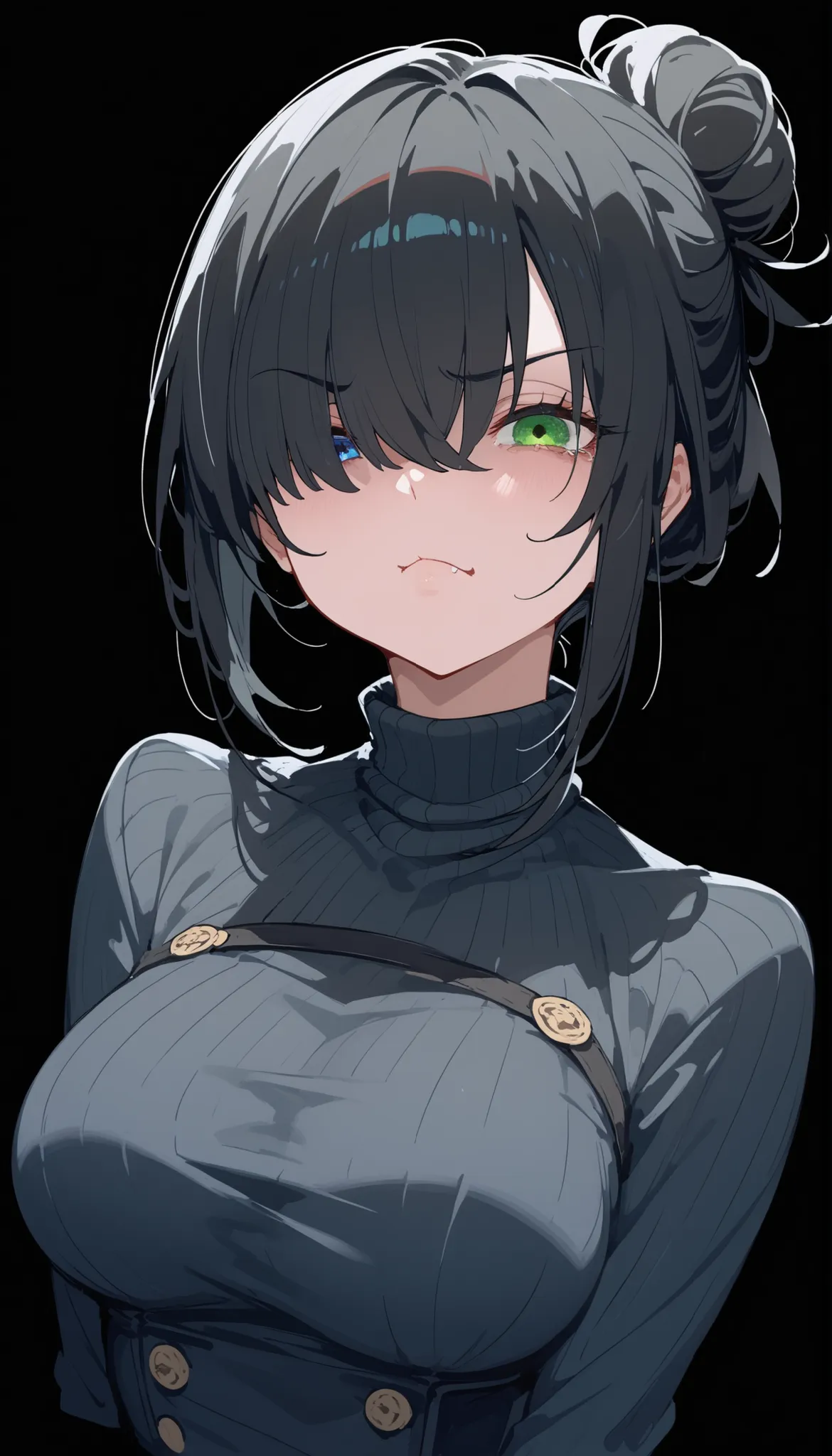 Alone ,girl,short hair,cute,,in green eyes,,in blue eyes,,eyelash,heterochromia,ผมสีดำ,Emotionless,black background,milf,Hair bun, black hair,in the empty eye,beautiful,Long Sleeve Dress ,god ,Hanbok,Fierce face, hair over eyes,I closed one eye,Turtleneck,...