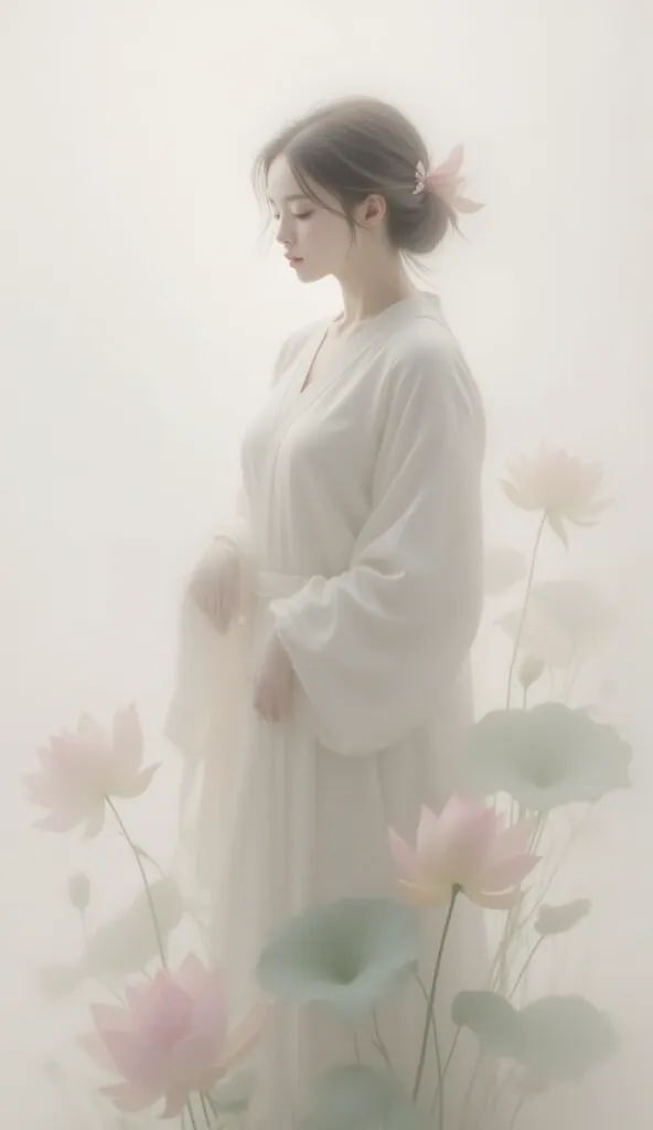 a painting or digital artwork with a soft, ethereal aesthetic. It depicts a serene figure dressed in flowing, traditional clothing, surrounded by delicate lotus flowers and leaves. The figure's hair is styled elegantly, and the overall composition exudes a sense of tranquility and grace. The background is minimalistic, allowing the subject to stand out prominently., creating a dreamy and tranquil atmosphere.