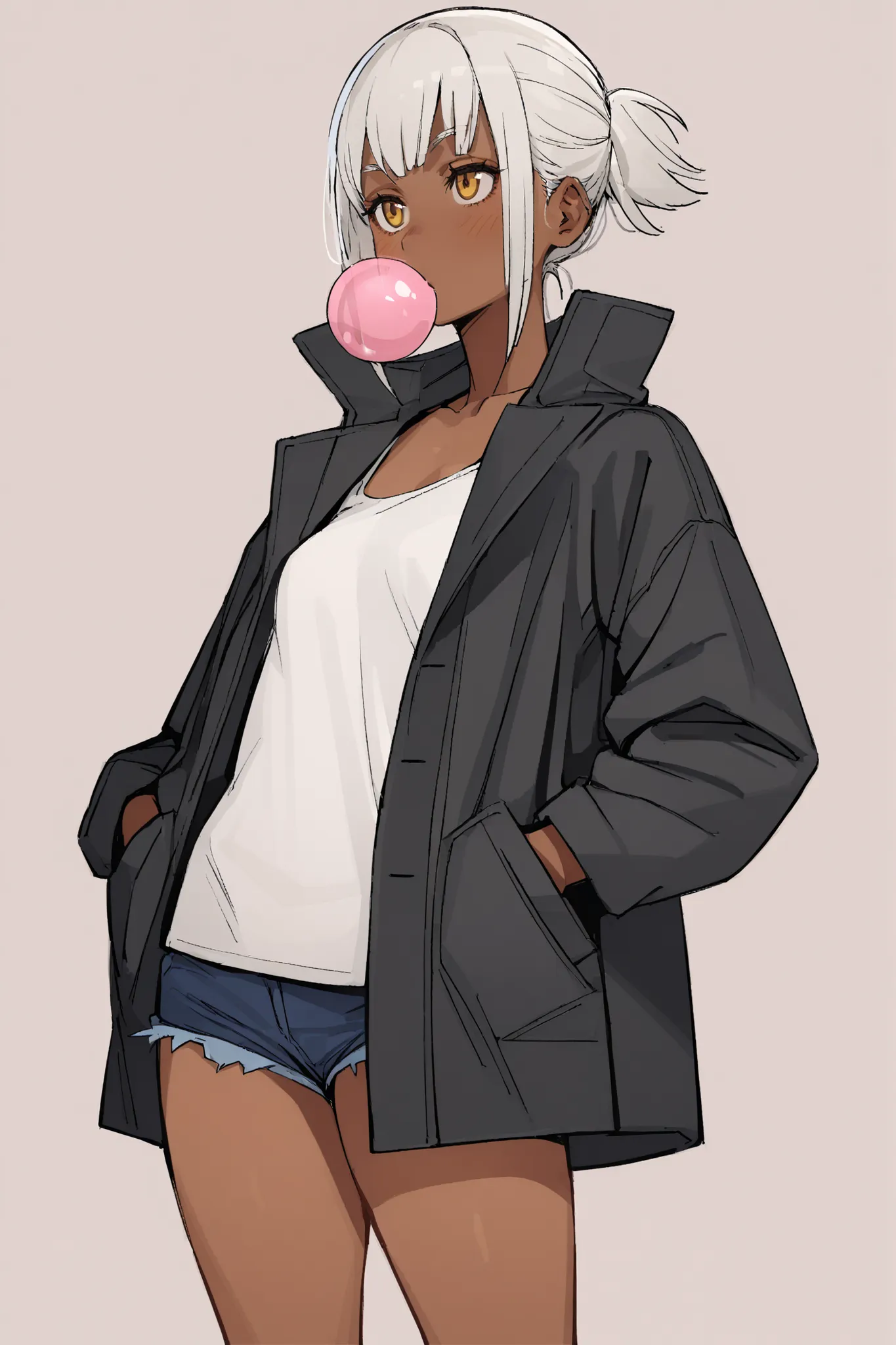 1 girl, short straight white hair, bangs, tan skin, golden eyes, small breasts, bubblegum, oversized black coat, short white tank top, micro jean shorts, simple background, hands on pockets