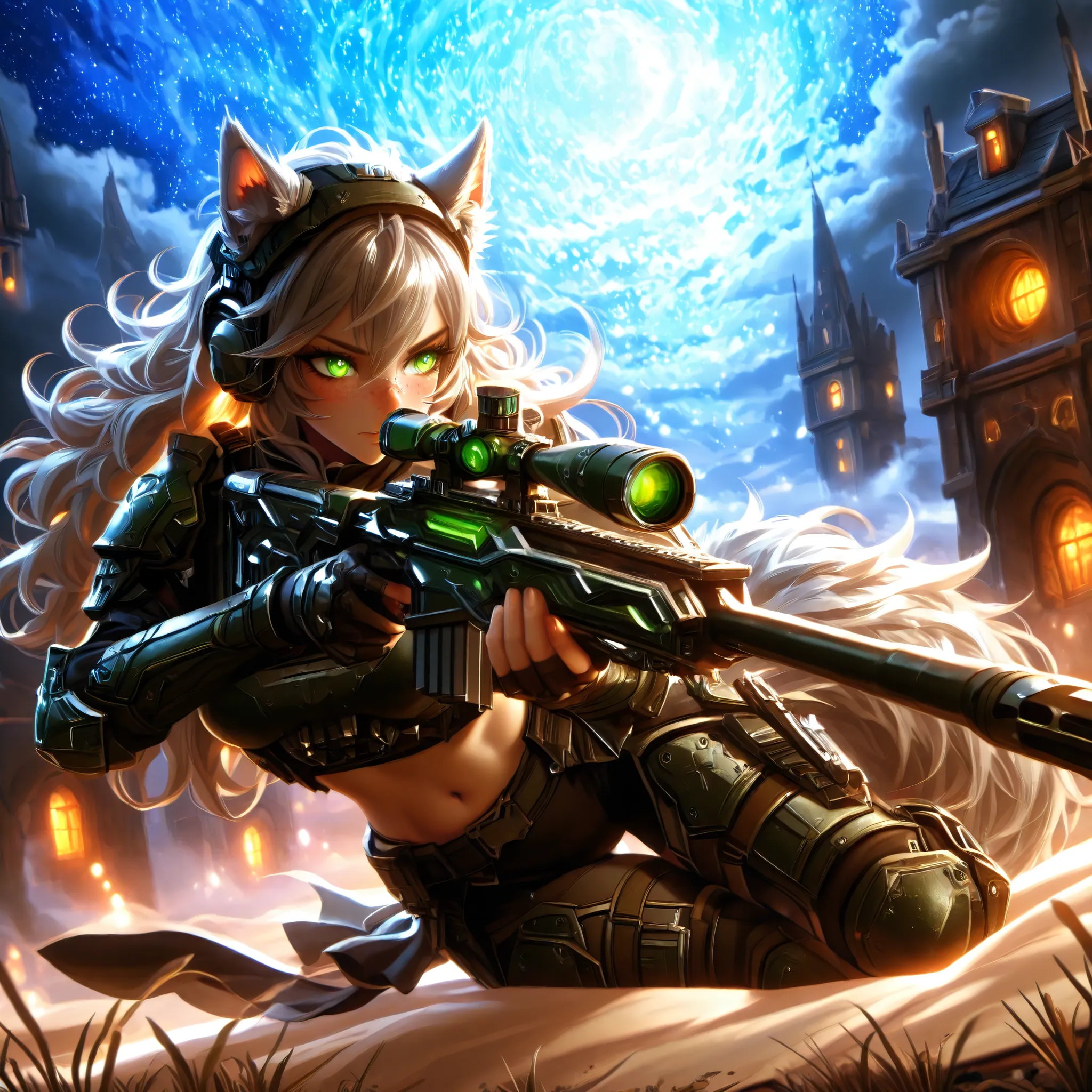 Masterpiece, best quality, amazing quality, absurdres, very aesthetic, lazypos, 3D, 1 woman, (woman , tall, slim, medium-big chest, large hip, silver long hair, fluffy hair, wolf ears, fluffy ears, wolf eyes, fluffy tail, clear skin), smooth natural moonli...