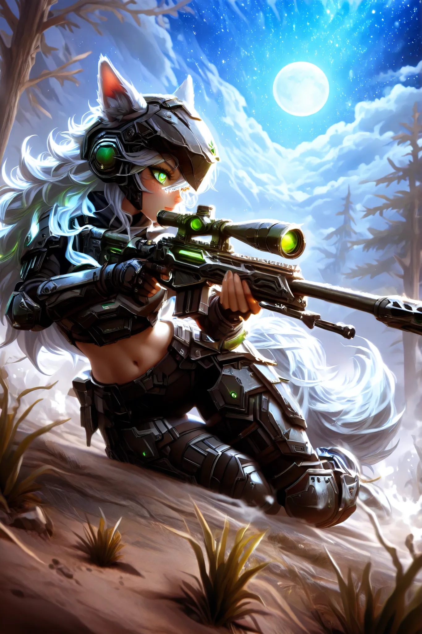 Masterpiece, best quality, amazing quality, absurdres, very aesthetic, lazypos, 3D, 1 woman, (woman , tall, slim, medium-big chest, large hip, silver long hair, fluffy hair, wolf ears, fluffy ears, wolf eyes, fluffy tail, clear skin), smooth natural moonli...