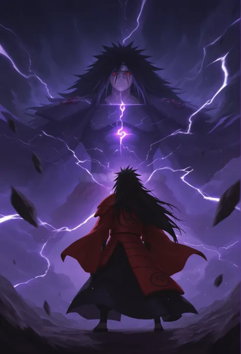 "Madara Uchiha from Naruto standing with a dominant and calm expression, long black hair flowing, wearing his red samurai-style armor. His Eternal Mangekyou Sharingan and Rinnegan eyes glowing. A powerful, dark purple and blue aura radiates around his body...