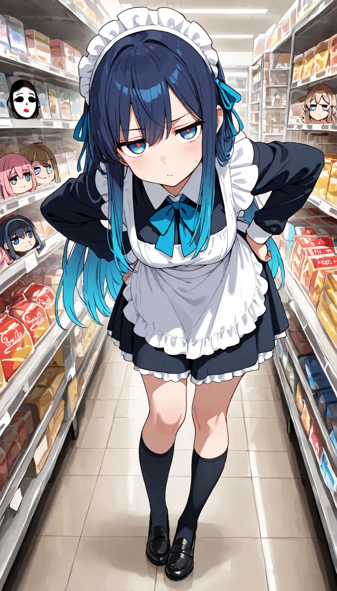 best quality, masterpiece, high quality, 4K, woman, maid, icon, glad, flushed face, flushed cheeks, bending over, looking at viewer, long hair, blue hair, two-tone hair, gradient hair, blue eyes, gradient eyes, eyes open, jitome, fair skin, school uniform,...