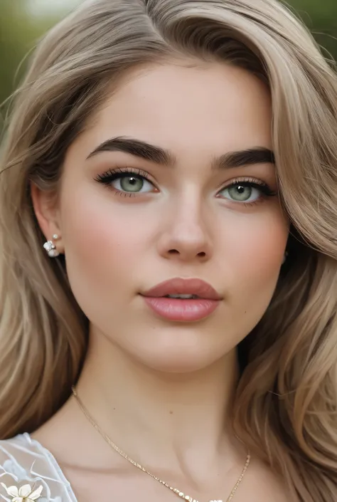 A young girl with expressive facial features, ultra-textured (goosebumps) fair skin and long light-brown hair. She has large light eyes with natural make-up, neat eyebrows and delicate lips of a natural shade. The face is oval with soft contours. The look ...