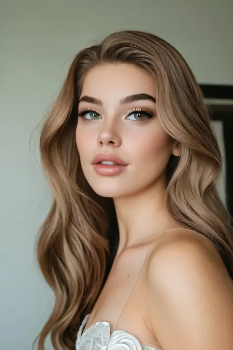 A young girl with expressive facial features, ultra-textured (goosebumps) fair skin and long light-brown hair. She has large light eyes with natural make-up, neat eyebrows and delicate lips of a natural shade. The face is oval with soft contours. The look ...