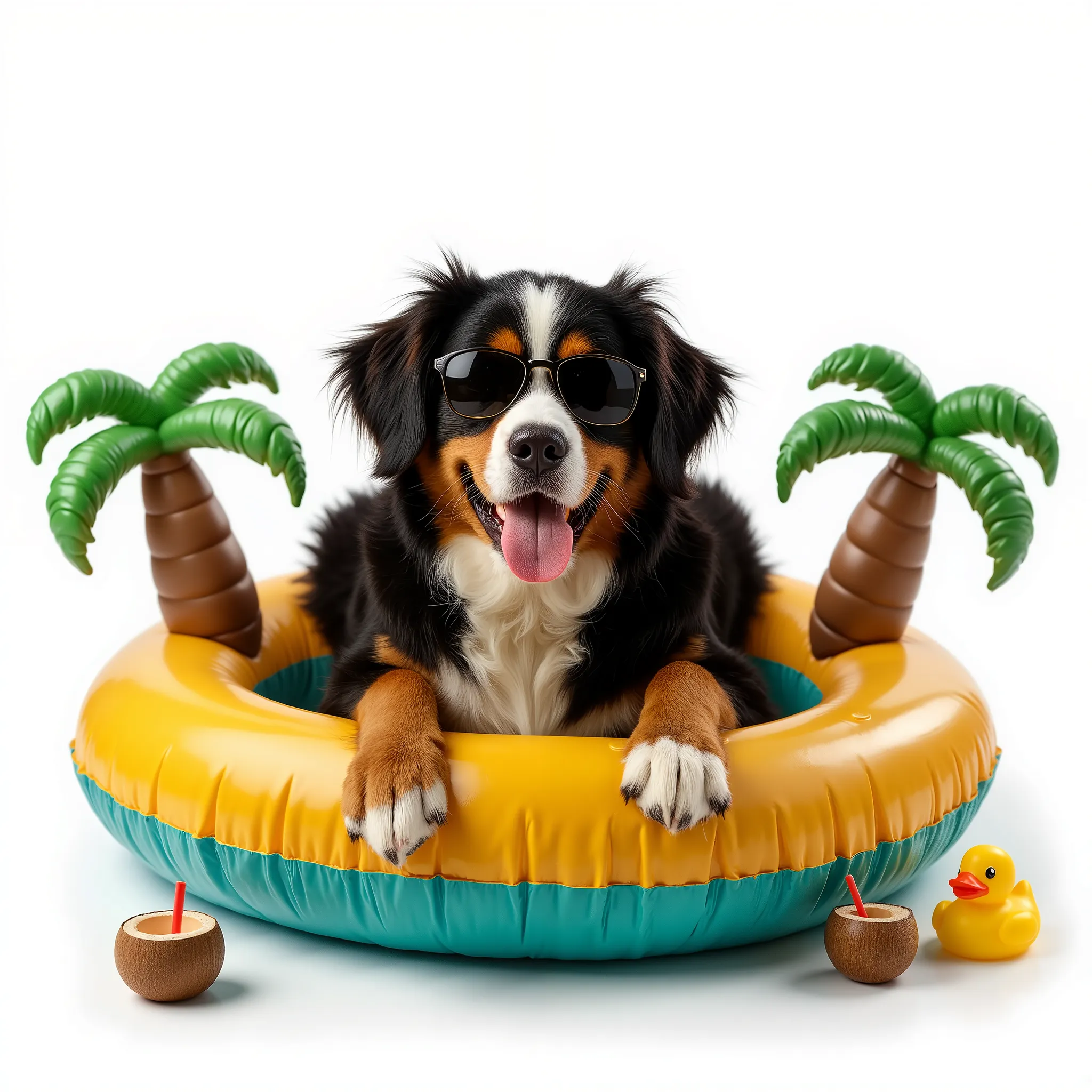 Photorealistic image of a Bernese Mountain Dog lying inside a colorful inflatable swim ring on a white background, wearing sunglasses, with a toy coconut drink, palm leaves, and a small yellow rubber duck next to it, soft studio lighting, sharp focus, high...