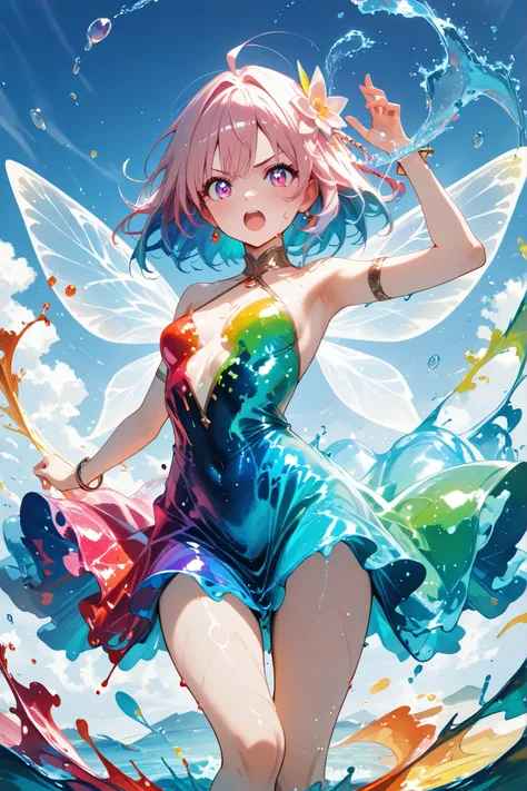 Super Detail　Fairy-like Beauty　Feelings of anger　beautiful like a goddess　Motion where you get angry and raise your hands to chest level and scratch　Eyes drawn in detail　colorful hair　Chaotic atmosphere 　Screaming and angry 　Eyes stained red　blood flowing ...