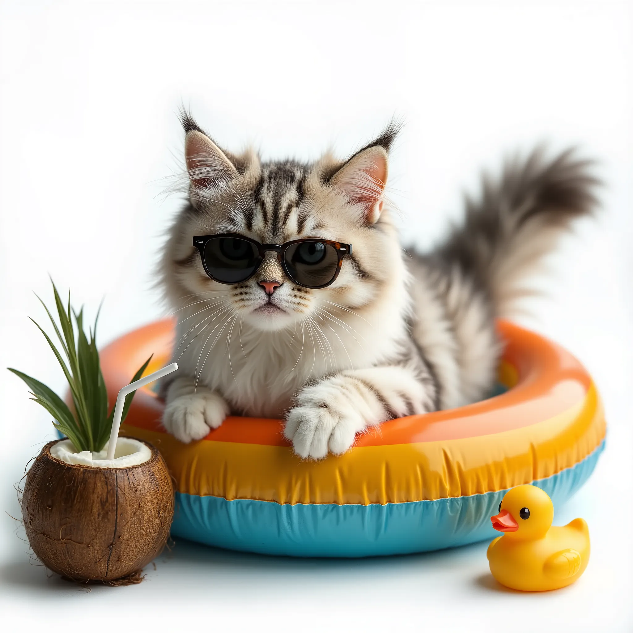 Photorealistic image of a fluffy white and gray cat lying inside a colorful inflatable swim ring on a pure white background, wearing small sunglasses, with a coconut drink with a straw, palm leaves, and a rubber duck nearby, soft studio lighting, sharp foc...