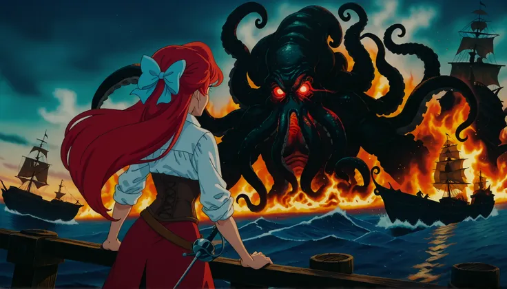 ariel as one eyed pirate captain fighting huge evil kraken face with red glowing eyes emerging from the ocean on a ship deck, (anime screencap:1.2), blurry background,1girl, medium breasts, (ArielXL:1.1), long hair, red hair, white button down shirt, colla...