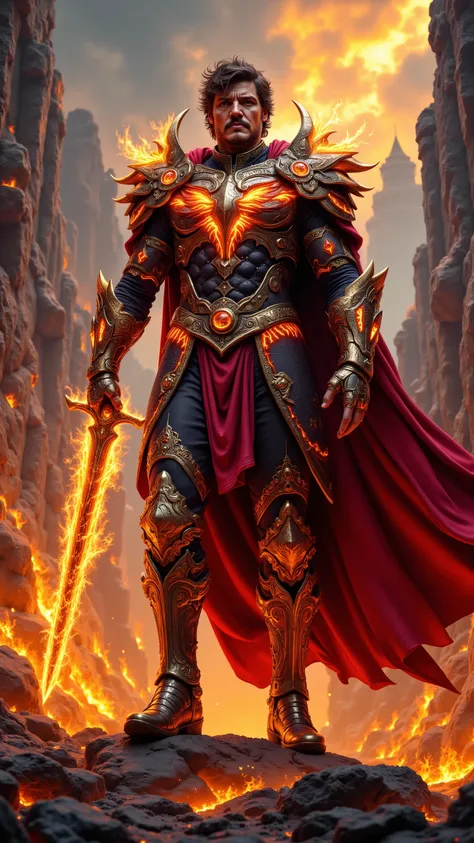 Pedro Pascal reimagined as a colossal, majestic god of fire, towering high above the earth, walking and holding a titanic flaming greatsword forged from black obsidian and molten gold, 1 male, full body, viewed from extremely low angle to emphasize scale, ...