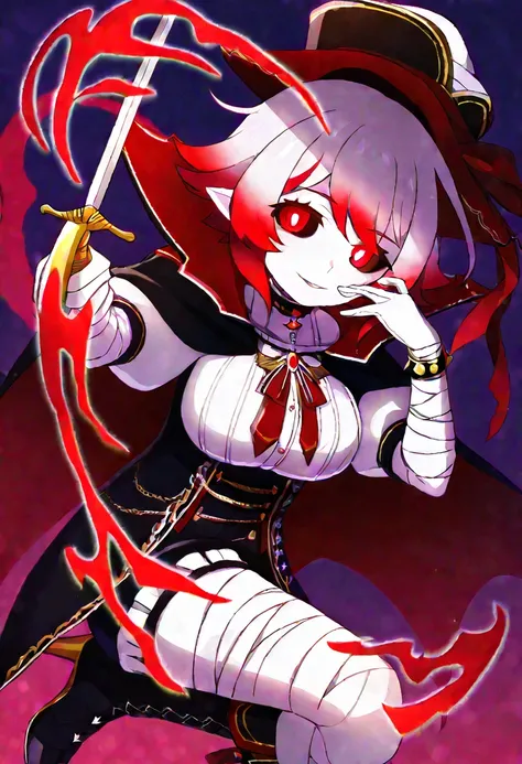 1girl, black sclera, breasts, breast press, colored sclera, flipped bangs, flipped hair, flipped sidelocks, gradient hair, huge breasts, large breasts, medium hair, messy hair, monster girl, multicolored hair, pointy ears, red eyes, red hair, two-tone hair...