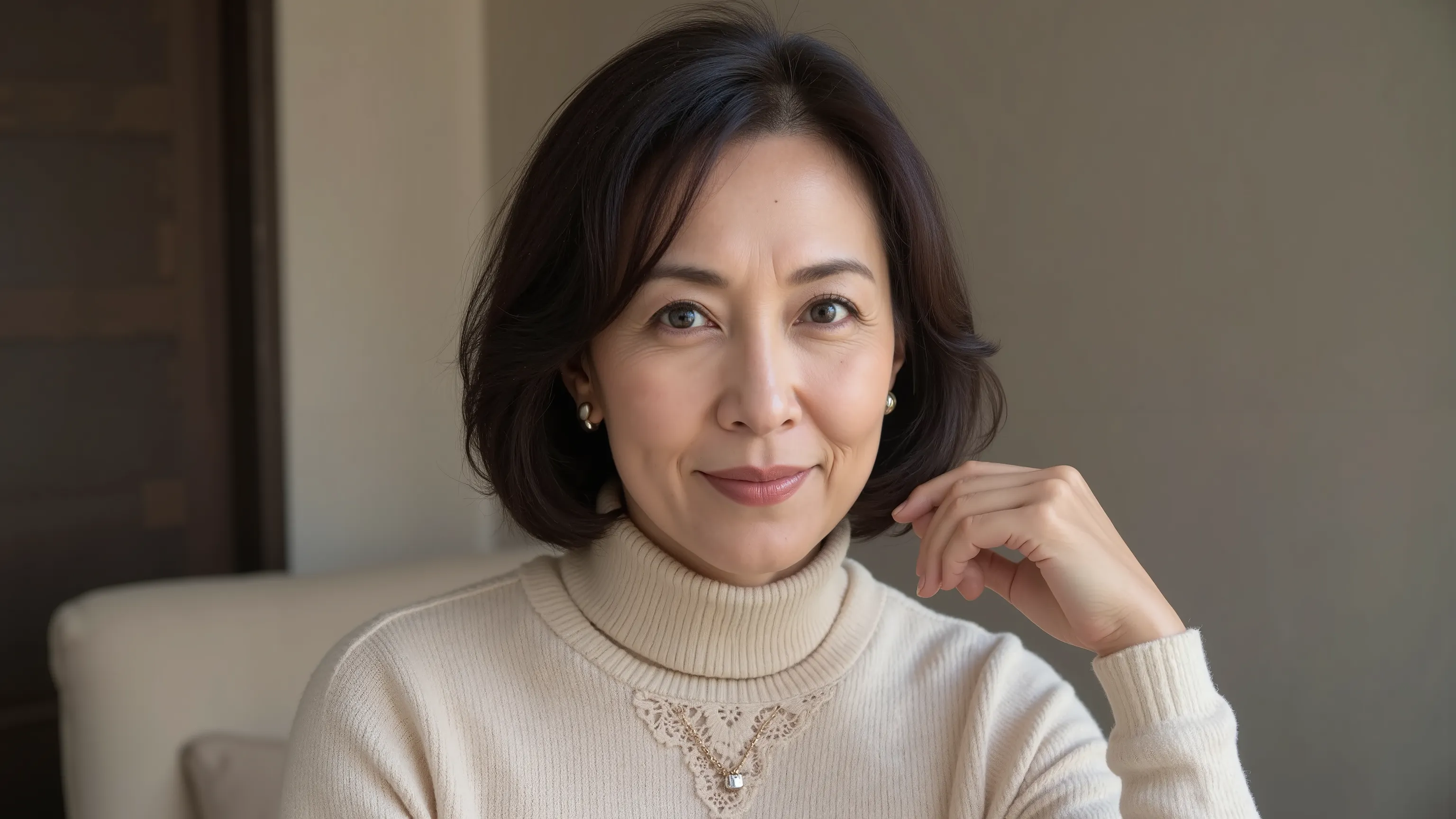 50 year old middle-aged woman wearing turtleneck knit and lace underwear, Wavy Short Black Hair    ,  kind smile , full body close-up、necklace、 