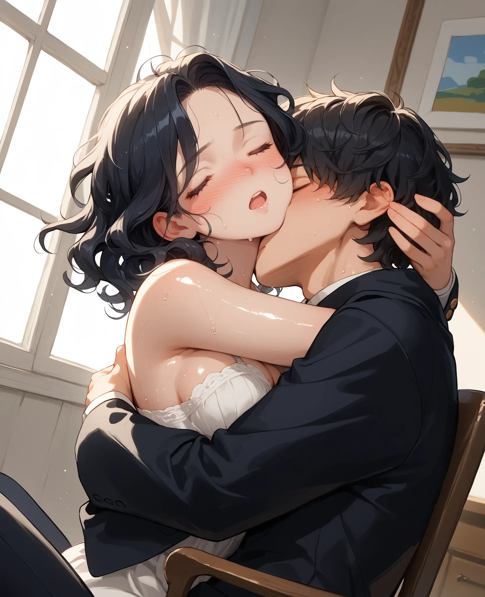 score_9, score_8_up, score_7_up, 1woman, solo, hair, closed eyes, white milky porcelain skin, white-skinned female, medium wavy black hair, lovely medium breasts, perfect body, black blazer, exposed clevage, sweat, female organism, open mouth,  looking at ...