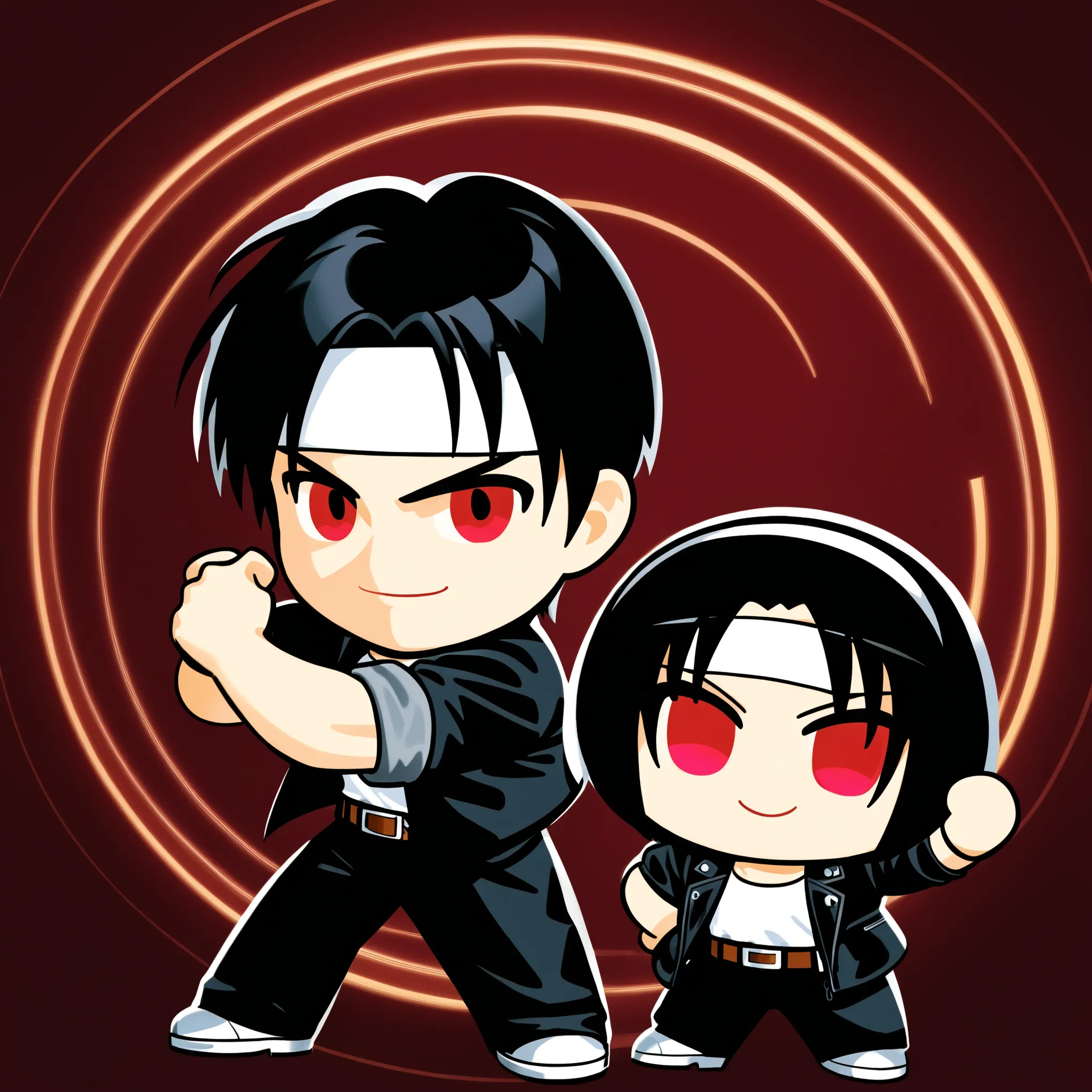 ( chibi:1.6),Two, couple, short hair, shirt, smile, black hair, closed eyes, Red Eyes, ((Black Jacket with Rolled Up Sleeves)) , open jacket, black slacks , white T-shirt, ((White Headbands)), black pants, white shoes , wearing brown belt, (Raise your fi...