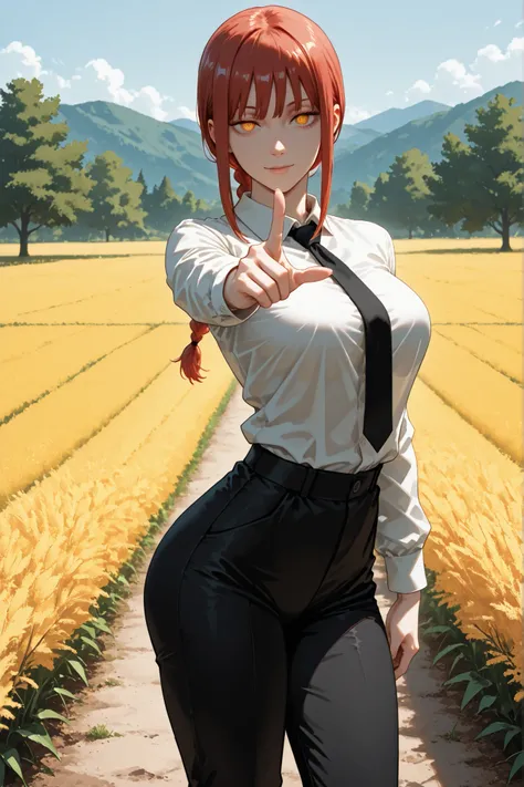1girl, makima (chainsaw man), red hair, ringed eyes, braided ponytail, solo, black necktie, shirt, collared shirt, black pants,standing, looking at viewer, gentle smile, seductive, sexy, pointing index finger at viewer, outdoors, field, trees, sexy pose, b...