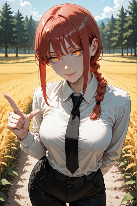 1girl, makima (chainsaw man), red hair, ringed eyes, braided ponytail, solo, black necktie, shirt, collared shirt, black pants,standing, looking at viewer, gentle smile, seductive, sexy, pointing index finger at viewer, outdoors, field, trees, sexy pose, b...