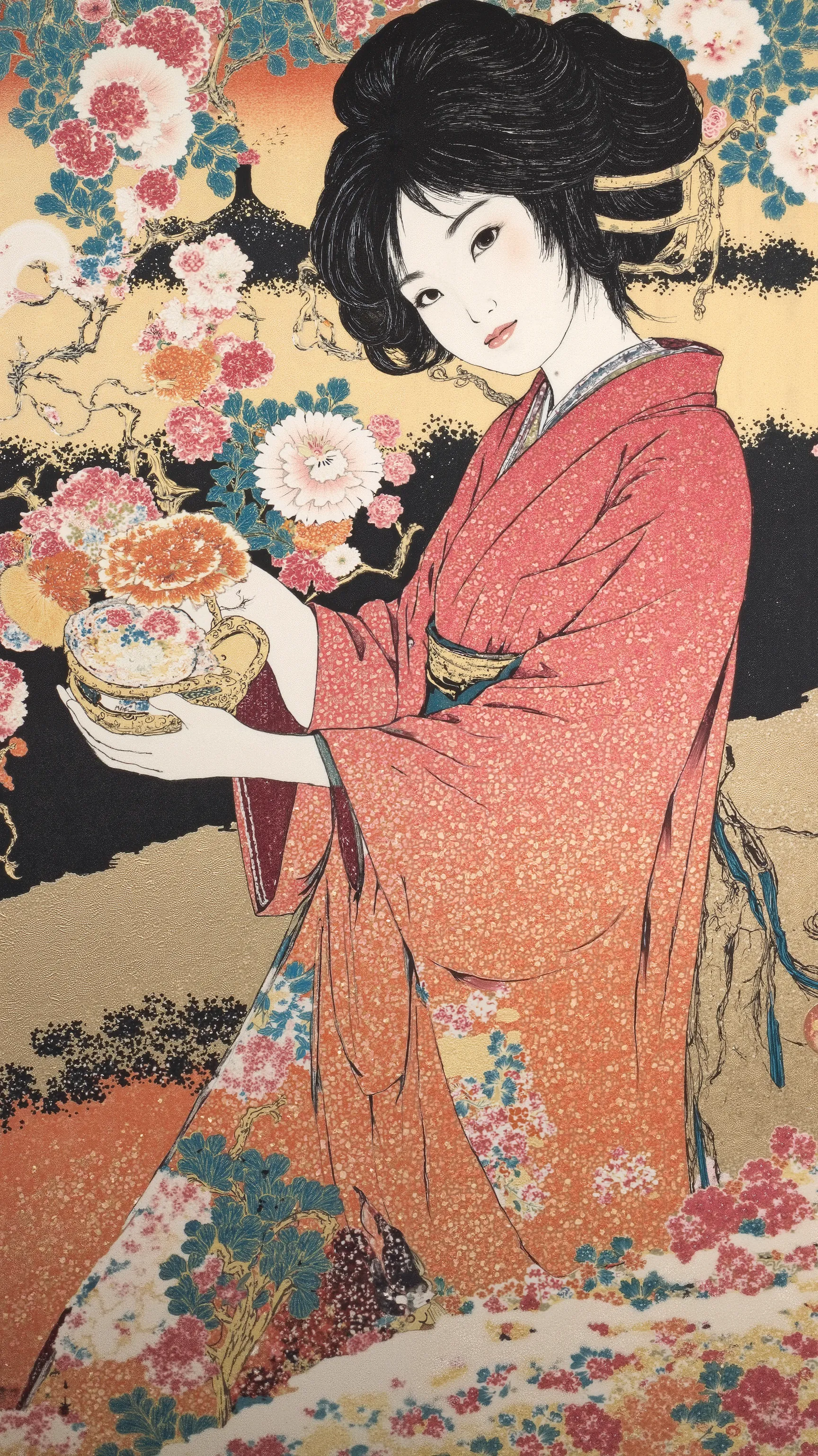 A graceful Japanese woman in ukiyo-e style, bold outlines and strong black linework, kneeling and offering a tea bowl with both hands, soft smile and downcast gaze, cherry pink kimono with orange gradient and sakura patterns, gold thread accents, tamayui b...