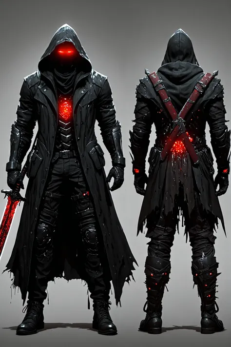 Character design in various angles and poses, Adult male with a muscular silhouette, black hooded overcoat, barba preta, torn clothing showing details of a second cybersuit underneath with red LEDs, torn black pants , a giant sword over his shoulder, the s...