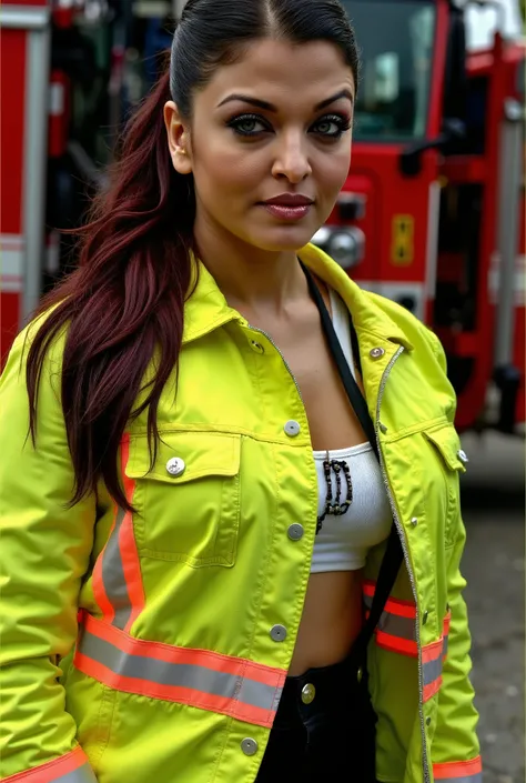 Full body photo of SEXY 50YO MATURE MILF AISHWARYA RAI as A ROLEPLAY MODEL PLAYING FIRE FIGHTER, ((((HEAVY SMOKY EYES WITH FALSE EYELASHES)))), ((FLIRTATIOUS SARDONIC MOCKING SMIRK)), (((FLUORESCENT GREEN & RED FIRE FIGHTER UNIFORM WITH ((UNBUTTONED OPEN S...