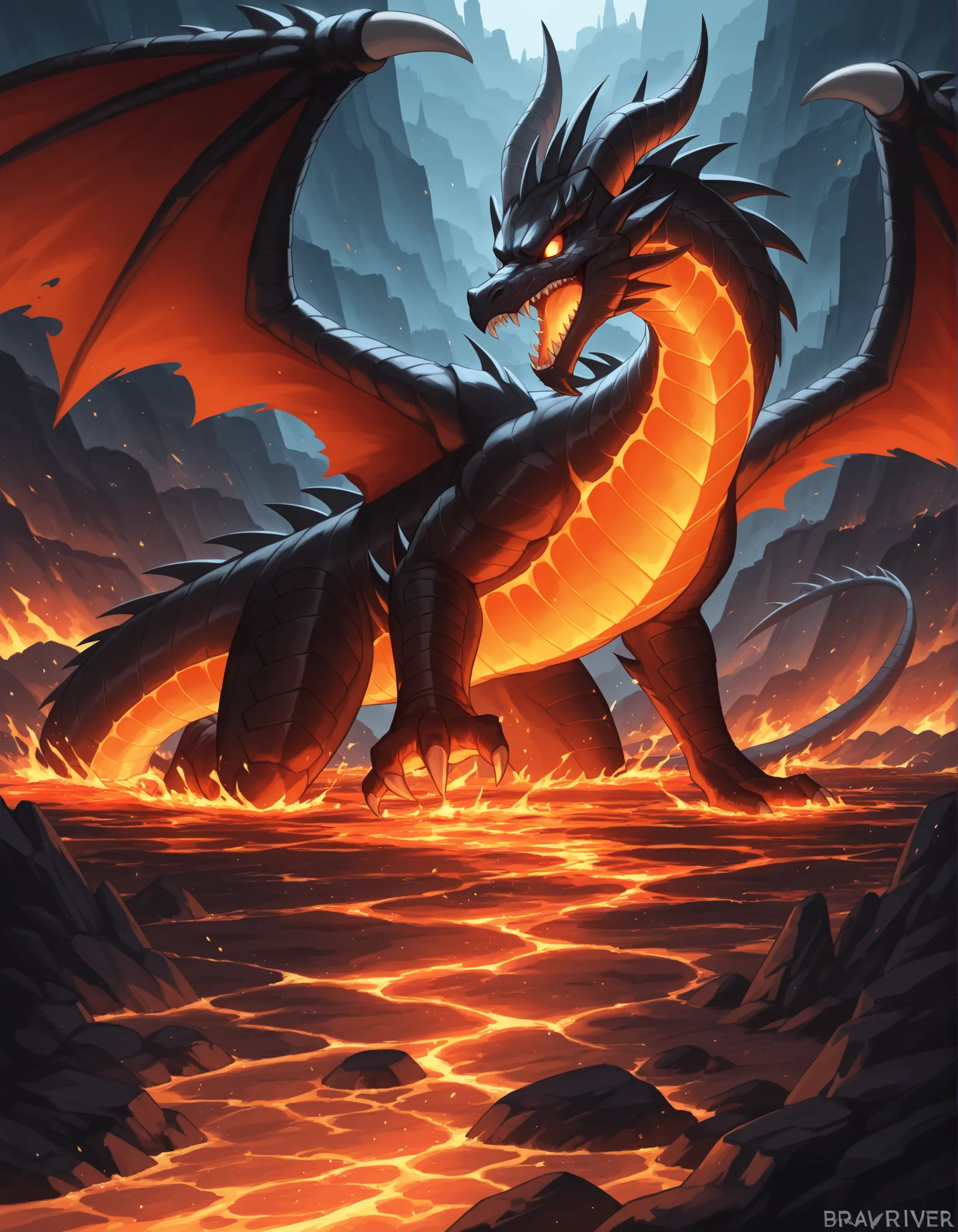 masterpiece, best quality, solo, Final Boss, Fire Dragon huge, fear, brave, lava river, lava