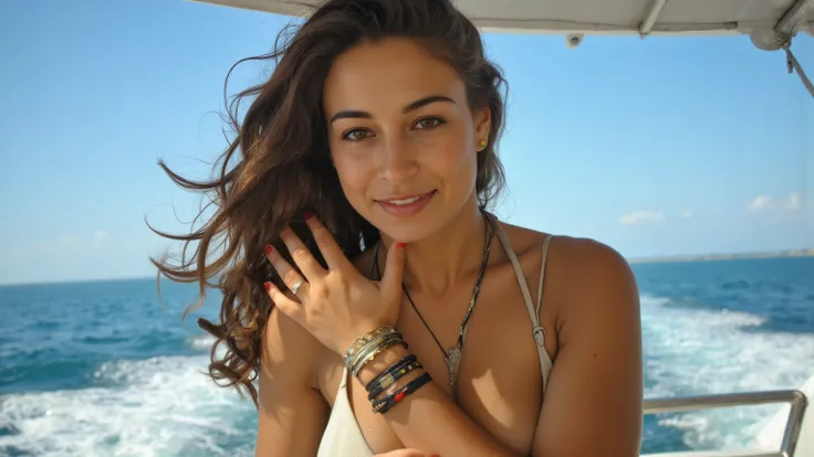 A full body photo, from head to toes, viewed from below, of a fit young woman posing at a luxurious private yacht, sailing through the ocean. Her hair is beautifully styled. She has an highly defined body, highly defined muscles, extremely detailed realist...
