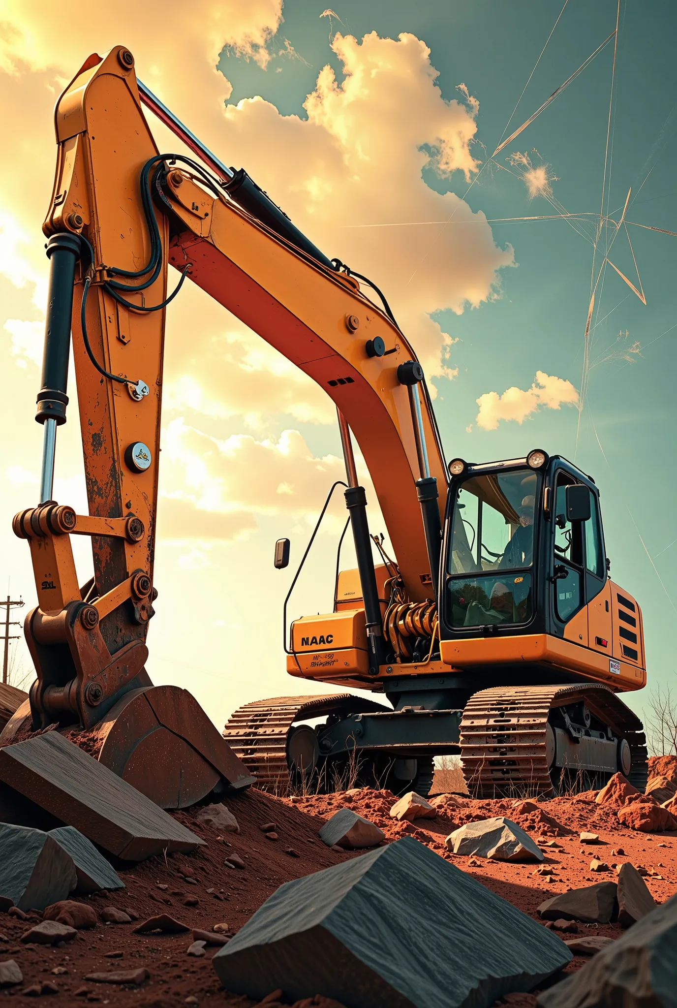 Heavy Construction Machinery, Excavator with Articulated Arms, Geometric Pattern, moving composition, Warm Sunlight Effects, Fragmented Textures, modern aesthetic, Urban Industrial Themes, and the atmosphere is vibrant