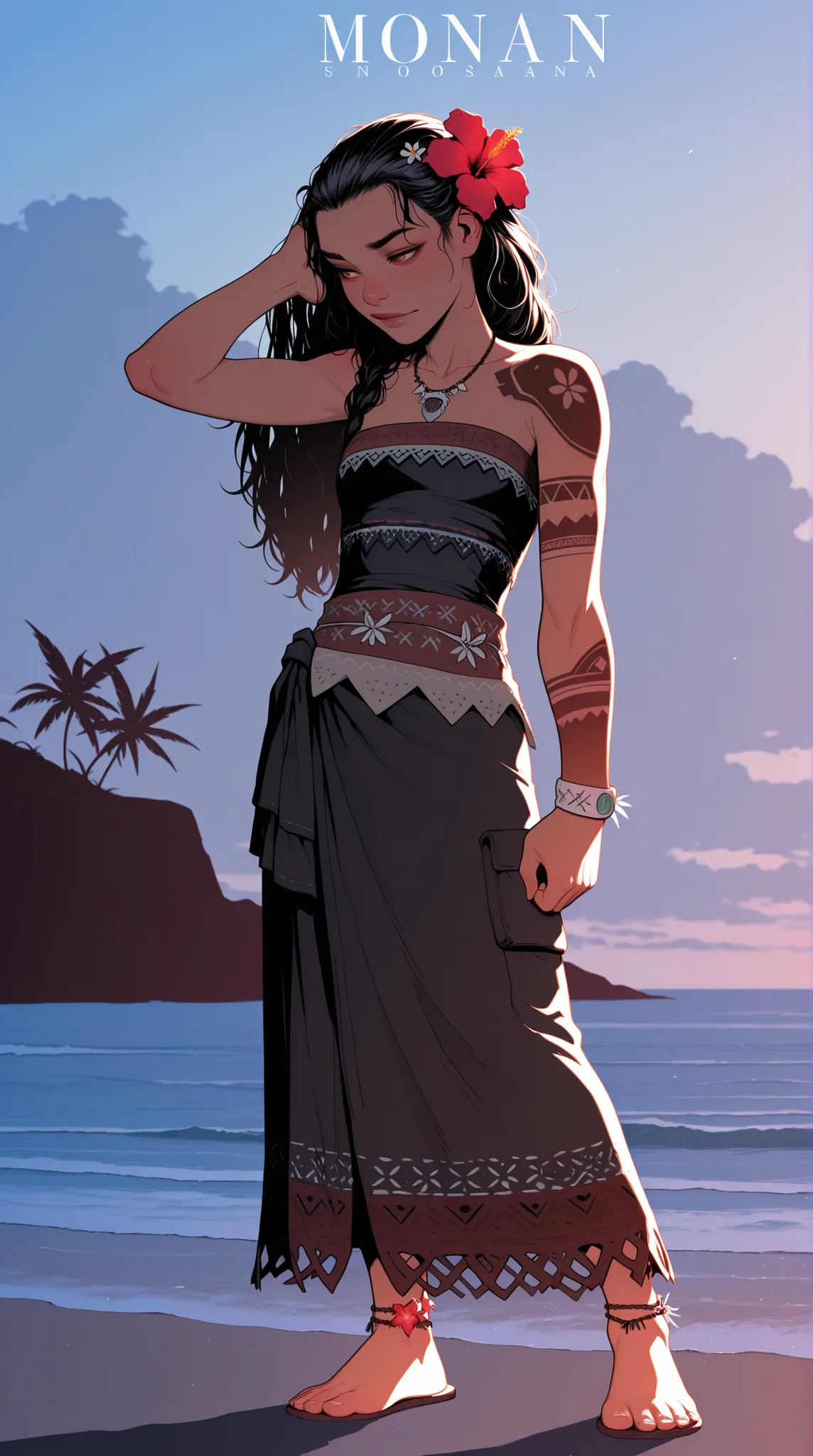HDR, 8K, high contrast, masterpiece, best quality, amazing quality, very aesthetic, realistic, newest, volumetric lighting, (flat colors:0.7), (artist:incase:0.3), (artist:tsuaii:0.3),Sinozick_illu, HassaKu_illu, 1girl, moana, 25 years old girl, samoan tat...