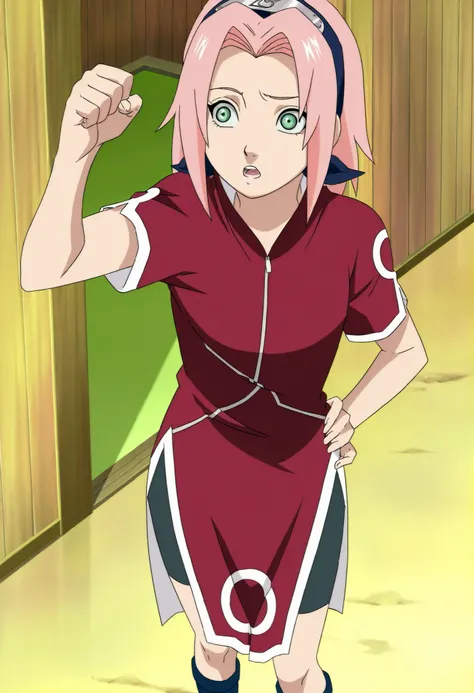 source anime,anime screencap,anime coloring,masterpiece,best quality,Sakura haruno, 1girl, solo, pink hair, short hair, green eyes,,"Red sleeveless Chinese qipao with white trim and symbol, black shorts, black open-toe ninja sandals.", standing,,masterpiec...