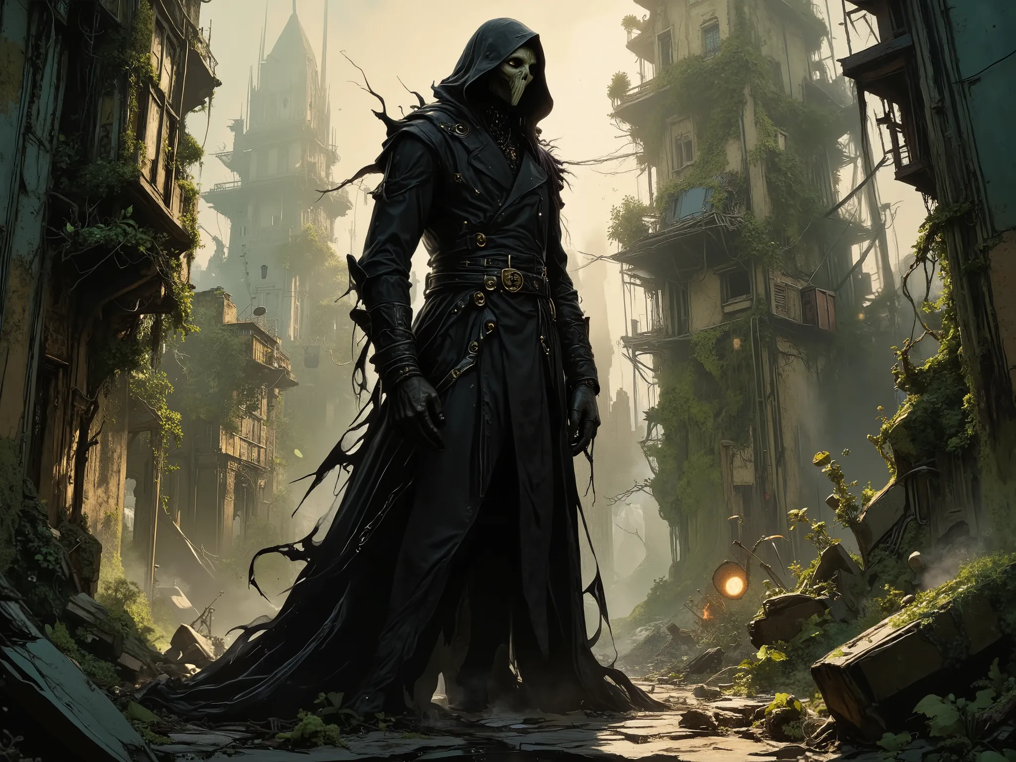 The ghost of the plague doctor on the overgrown ruins of a metropolis