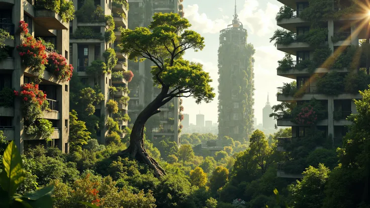 Towering residential buildings rise amid an urban landscape enveloped in lush greenery and vibrant blooms. Each balcony overflows with cascading plant life, adorning the austere concrete facades with vivid splashes of red, pink, and green. In the middle of...