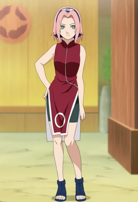 source anime,anime screencap,anime coloring,masterpiece,best quality,Sakura haruno, 1girl, solo, pink hair, short hair, green eyes,,"Red sleeveless Chinese qipao with white trim and symbol, black shorts, black open-toe ninja sandals.", standing,,masterpiec...