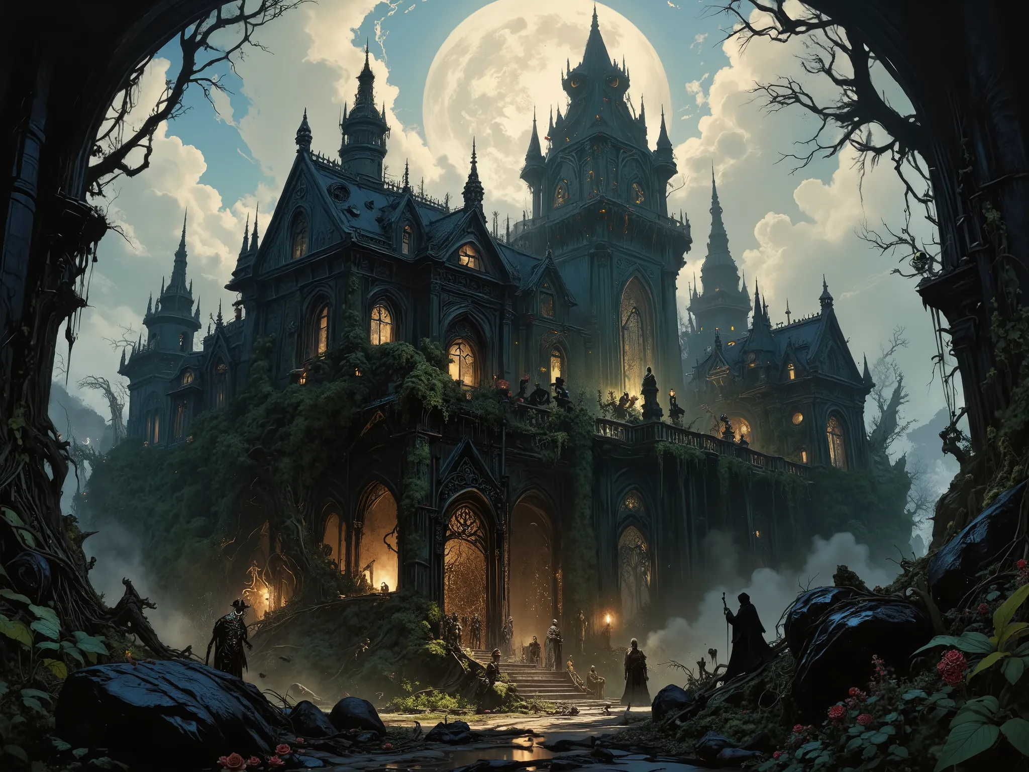 A beautiful and sinister necromancer's castle, overgrown with wild black roses and full of undead servants and monsters