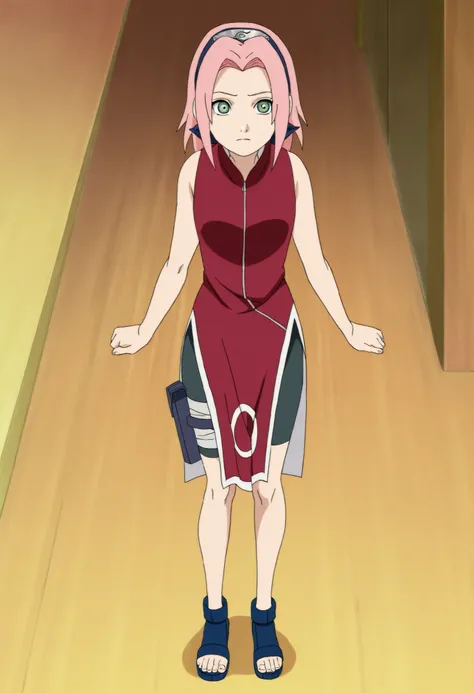 source anime,anime screencap,anime coloring,masterpiece,best quality,Sakura haruno, 1girl, solo, pink hair, short hair, green eyes,,"Red sleeveless Chinese qipao with white trim and symbol, black shorts, black open-toe ninja sandals.", standing,,masterpiec...
