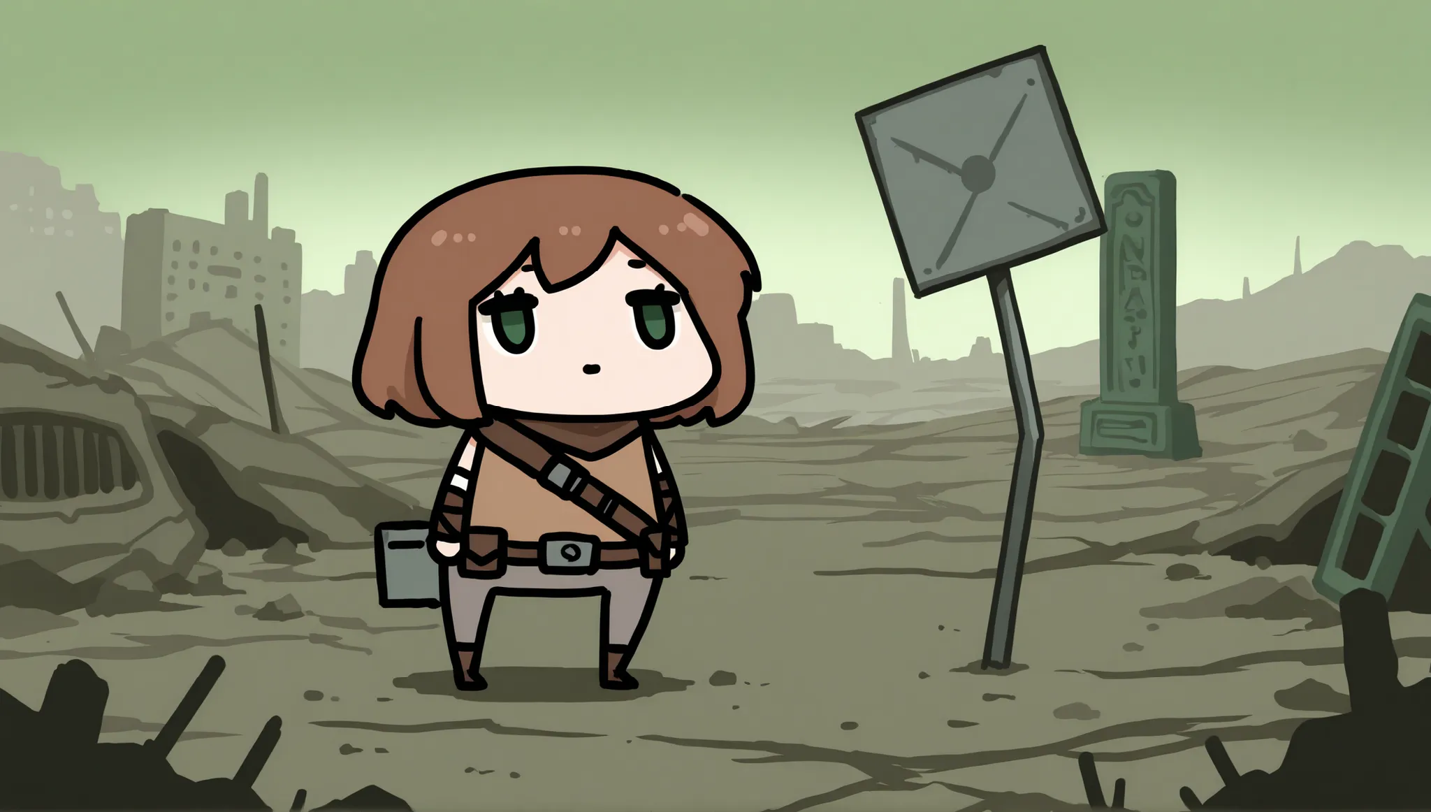 masterpiece, best quality, full body, chibi, dot eyes, girl, green , green eyes, color eyelashes, brown hair, gray pants, mad max-style clothes, wasteland background, ruined city far in the background, plaque in the foreground, iron square plaque, girl poi...