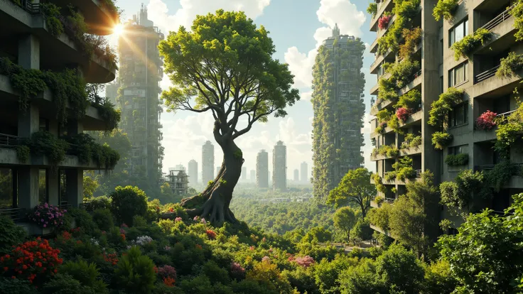Towering residential buildings rise amid an urban landscape enveloped in lush greenery and vibrant blooms. Each balcony overflows with cascading plant life, adorning the austere concrete facades with vivid splashes of red, pink, and green. In the middle of...