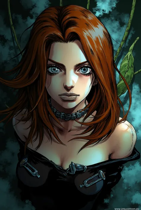 original character Jojo's Bizarre Adventure girl. Girl about 18 years old. Gray eyes with a faint hint of blue. Medium chestnut hair and haircuts "cascade".  Clothing style LIGHT gothic,  black .