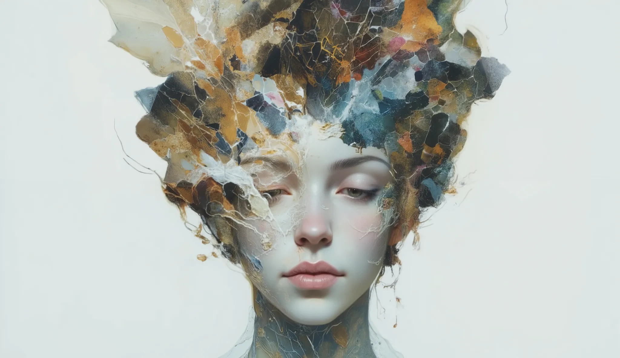 Imagine a surreal portrait of a woman whose face is a mosaic of various textures and materials, including cracked earth, flowing water, and shimmering crystals. She stands in a minimalist white room, with a single beam of light illuminating her face. Her e...