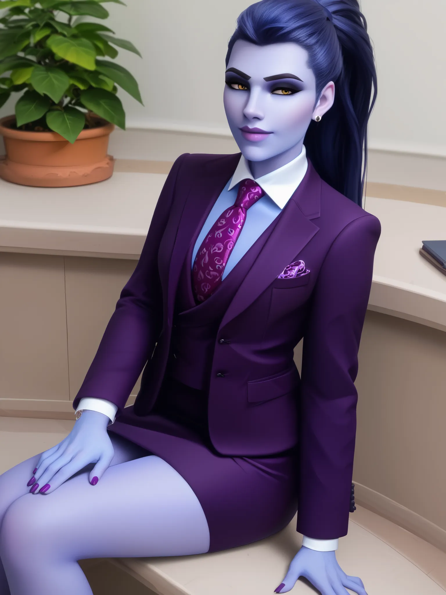 score_9, score_8_up, score_7_up, BREAK
 wdwmakr, owwidowmaker, (((colored skin))), (((blue skin))), head turned, glasses, lipstick, long hair, ponytail, yellow eyes,,lips,1girl,solo,
 three-piece suit, formal, jewelry, dark grey suit, purple necktie, earri...